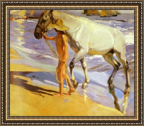 El Bano Del Caballo [the Horse's Bath] Framed Paintings - El bano del caballo [The Horse's Bath] by Joaquin Sorolla y Bastida